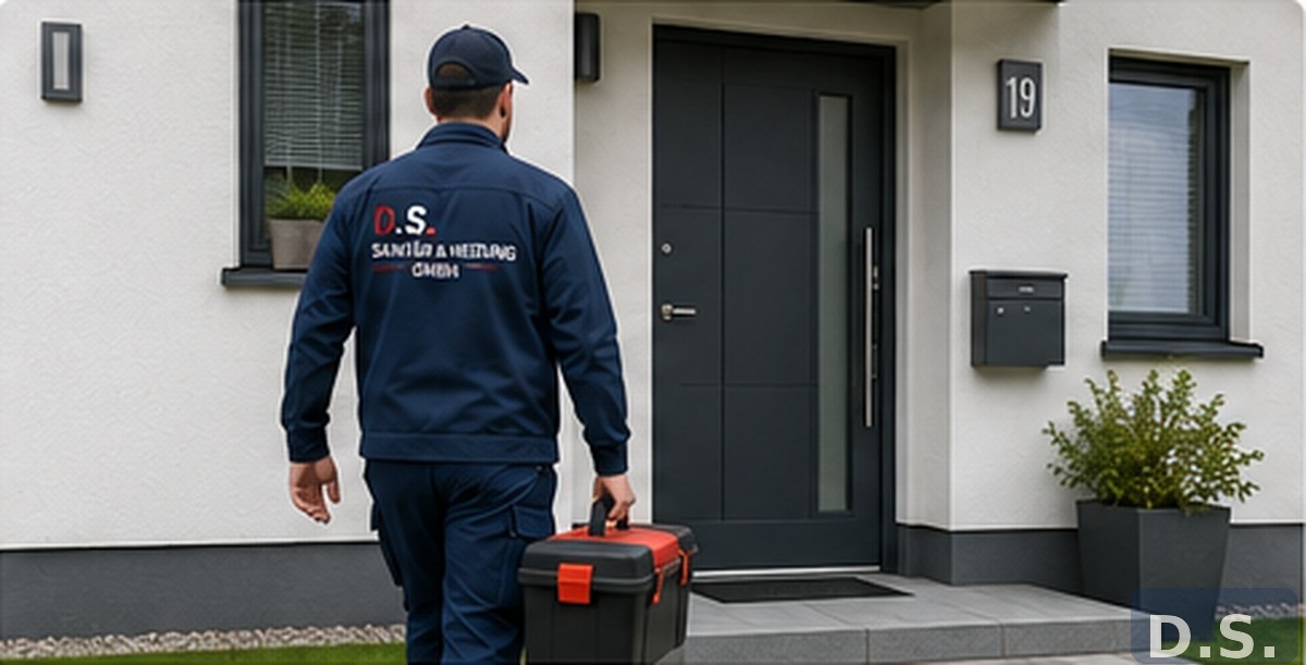 Monteur mit Werkzeugkoffer auf dem Weg zu einem Haus